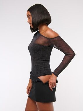 Abercrombie & Fitch Black Sheer One-Shoulder Long-Sleeve Bodysuit